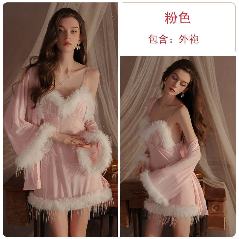 Womens Sexy 3 Piece Fuzzy Lingerie Set Transparent Tulle Nightshirt With Robe and G-String - Seldom Seen Styles