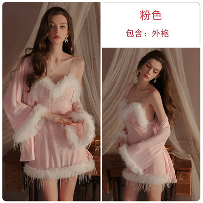 Womens Sexy 3 Piece Fuzzy Lingerie Set Transparent Tulle Nightshirt With Robe and G-String - Seldom Seen Styles
