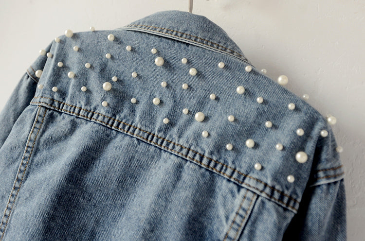 Women's Fashion Loose Embroidered Pearls Beading Cropped Denim Jacket Jean Coat - Seldom Seen Styles