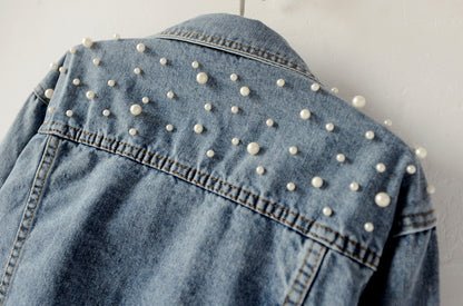 Women's Fashion Loose Embroidered Pearls Beading Cropped Denim Jacket Jean Coat - Seldom Seen Styles
