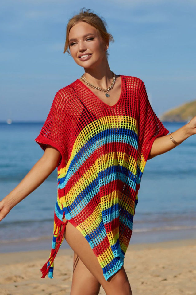 Rainbow Stripe Openwork Slit Cover Up - Seldom Seen Styles