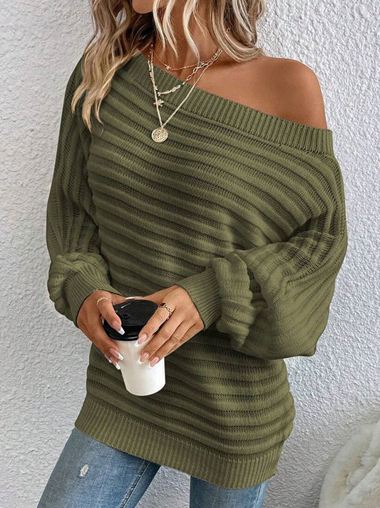 Women's Textured Asymmetrical Neck Sweater, Casual Long Sleeve Batwing Sleeve Jumper for Daily Outdoor Wear, Ladies Knit Top for All Seasons, Womenswear - Seldom Seen Styles
