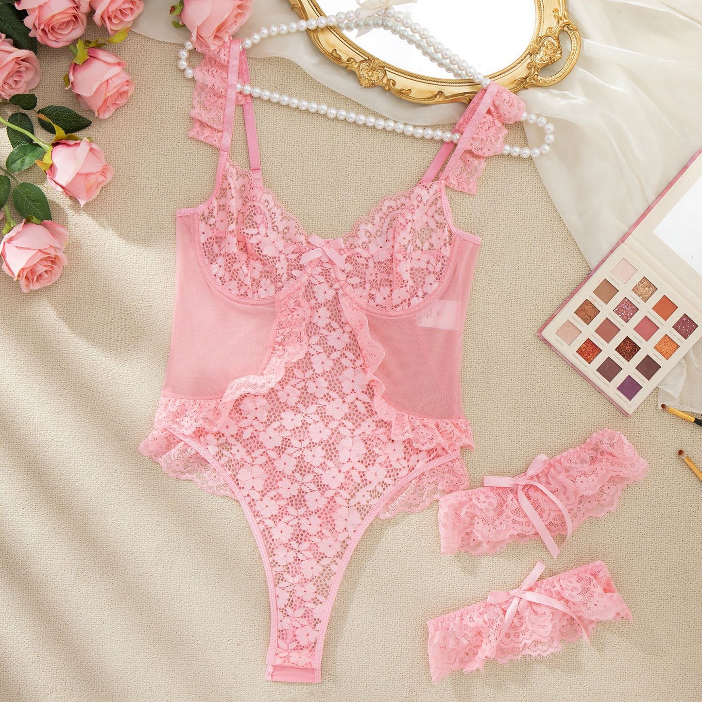 Women Sexy Lingerie Bodysuit Floral Lace Teddy Babydoll Snap Crotch Ruffle One Piece with Thigh Bands