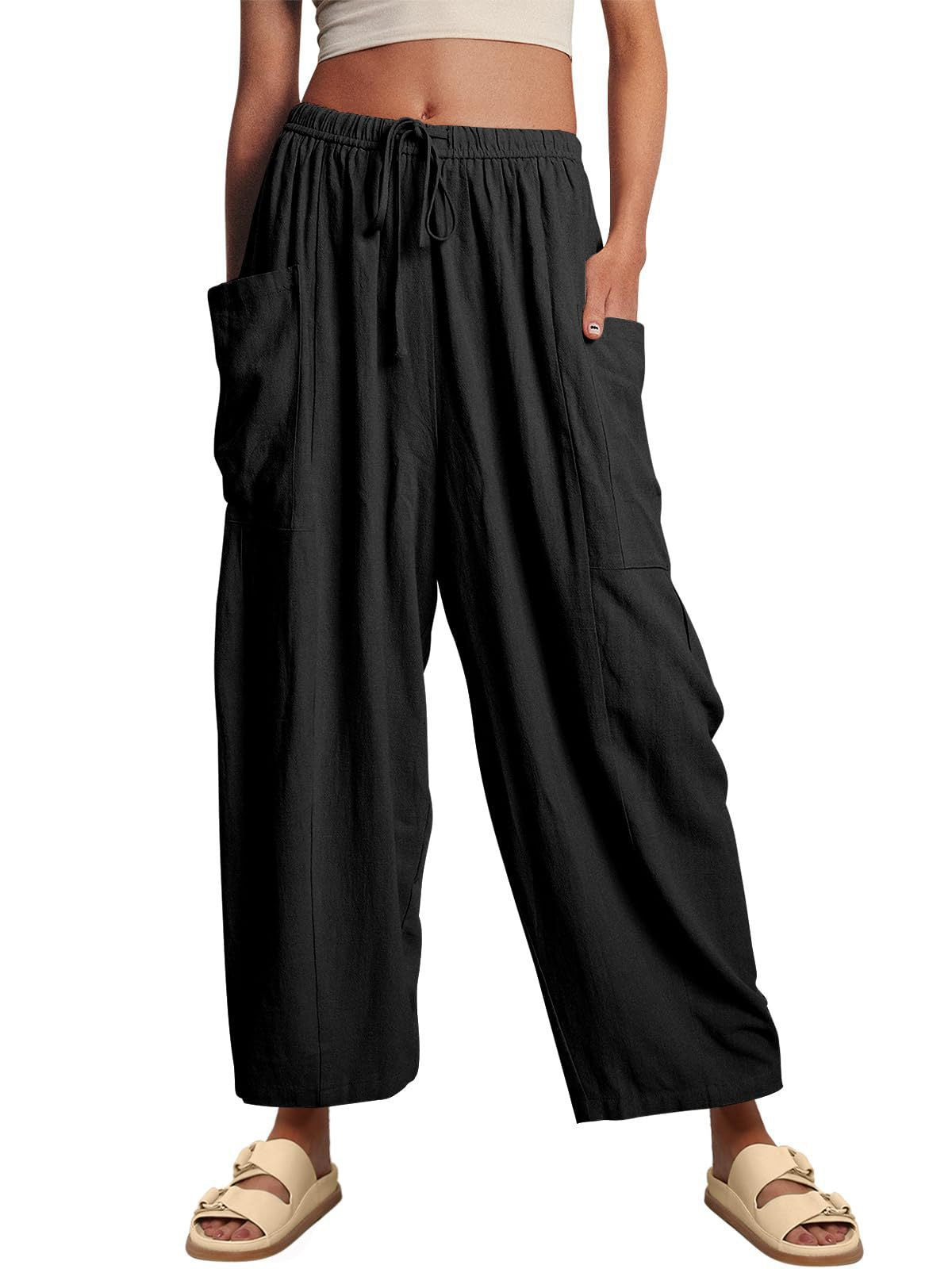 Womens Wide Leg Pants Casual Loose Drawstring Flowy Summer Beach Palazzo Harem Pants with Pockets - Seldom Seen Styles
