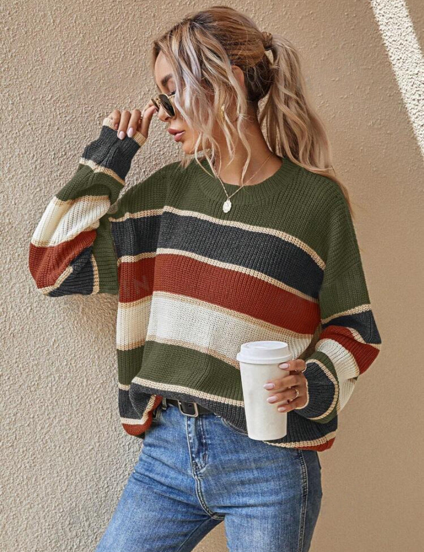 Women's Colorblock Striped Print Drop Shoulder Sweater, Soft Casual Long Sleeve Round Neck Jumper for Fall & Winter, Fashion Ladies' Knitwear for Daily Wear - Seldom Seen Styles