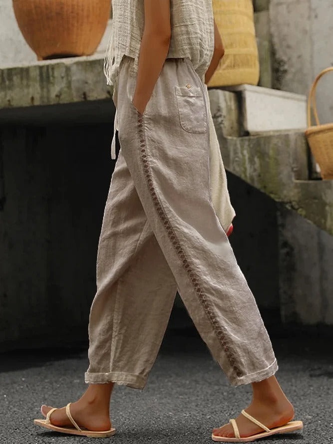Loose Casual Hollow Out Lace Pockets Drawstring Waist Plain Linen Pants - Seldom Seen Styles