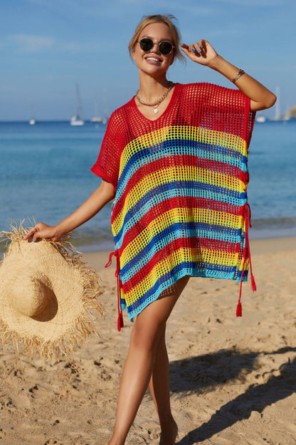 Rainbow Stripe Openwork Slit Cover Up - Seldom Seen Styles