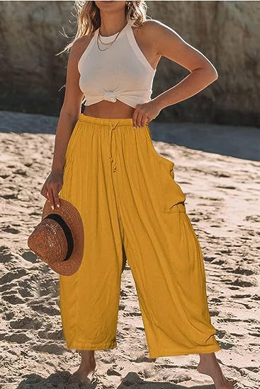 Linen Blend Drawstring Waist Pocketed Loose Pants Casual Simplicity Pocket Loose Mid Waist Wide Leg Solid Color Bottoms - Seldom Seen Styles