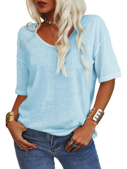 Womens Shirt, Normality Women's Solid Color V-Neck T-Shirt, Summer Short Sleeve Loose Casual Tops - Seldom Seen Styles