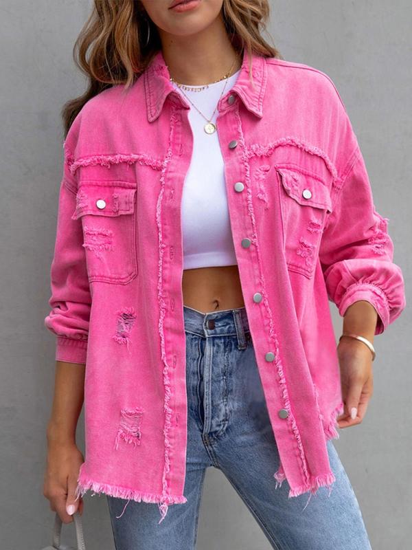 Women's Plain Ripped Raw Hem Button Front Drop Shoulder Coat, Casual Chic Pocket Long Sleeve Collared Outerwear for Daily Wear, Jackets - Seldom Seen Styles