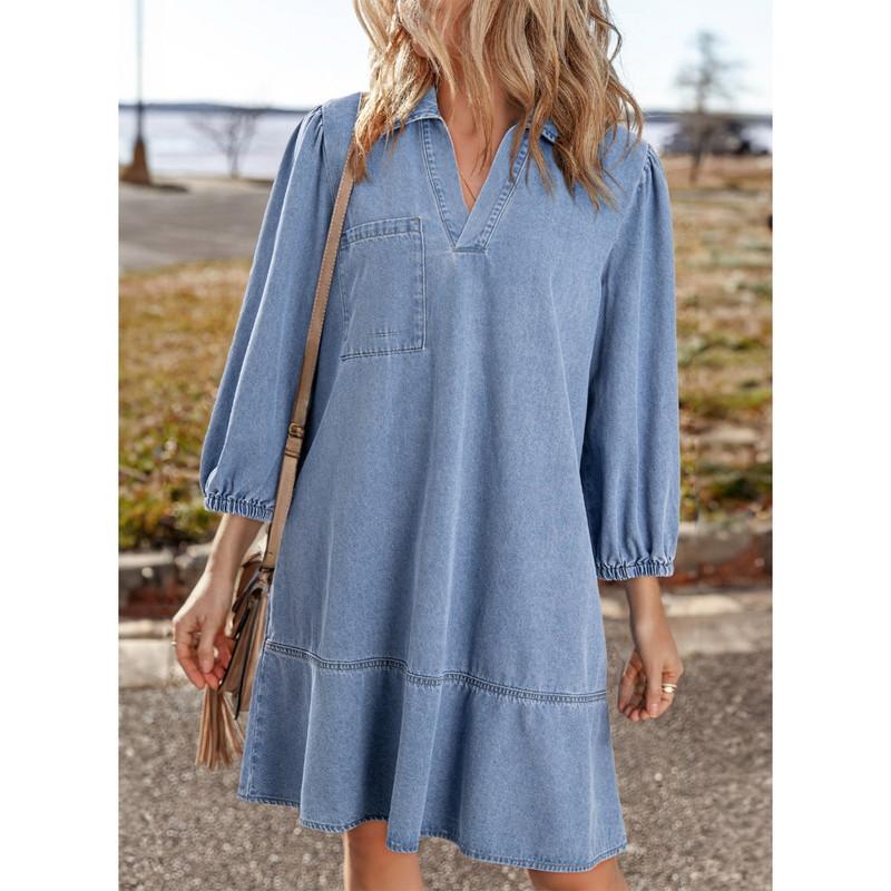 Denim Dress for Women Fashion Fall Casual Babydoll 2025 V Neck 3/4 Puff Sleeve Jean Dresses - Seldom Seen Styles