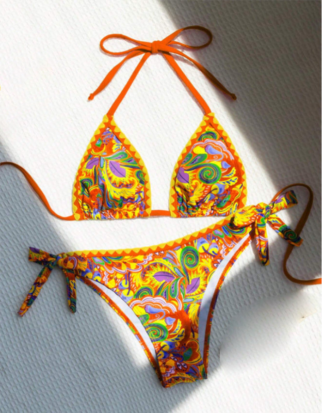 Women's Bikini Sets 2 Piece Halter Triangle Allover Print Swimsuit Set Boho Knot Side Bathing Suit Set