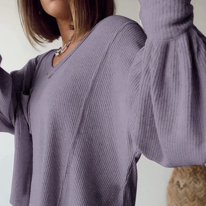 Women's Casual Basic V-Neck Ribbed Knitted Shirts Pullover Tunic Tops Loose Balloon Sleeve Blouses Top - Seldom Seen Styles