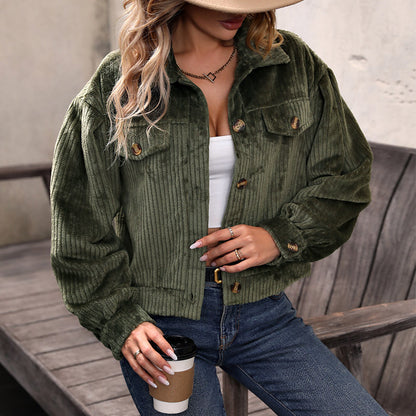 Women's Cropped Corduroy Jacket Button Down Long Sleeve Fuzzy Fleece Oversized Outerwear Shacket Coat - Seldom Seen Styles