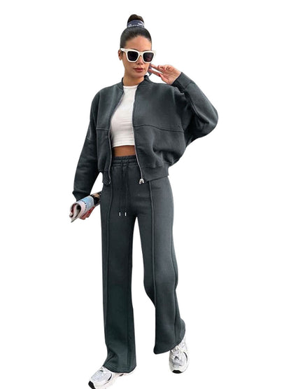 Sporty Two-piece Set Women's Plain Mock Neck Zip Up Jacket & Pocket Drawstring Waist Sweatpants Sports Sweat Suit, Sports Cozy Breathable Outfits Tracksuits for Daily Outdoor Wear, Tracksuit Set, Ladies Sportswear for All Seasons