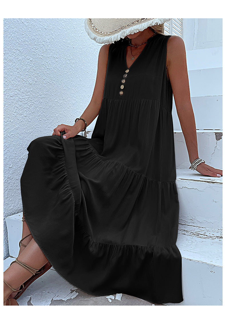 Summer Flowy Maxi Dress with Pockets Sleeveless Loose Casual Sundress V-Neck Tiered Sun Dress for Beach Cruise Vacations