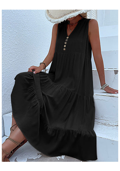 Summer Flowy Maxi Dress with Pockets Sleeveless Loose Casual Sundress V-Neck Tiered Sun Dress for Beach Cruise Vacations