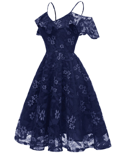 1950S LACE COLD SHOULDER RUFFLE DRESS pink lace dress tiered dresses for women