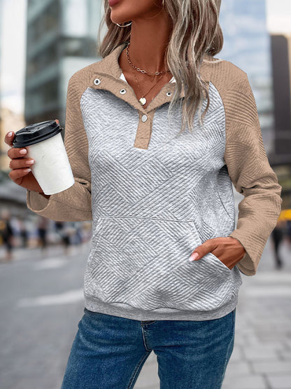 Womens Sweatshirt Casual Textured Long Sleeve Henley Button V Neck Loose Pullover 2025 Trendy Fall Outfits Tops