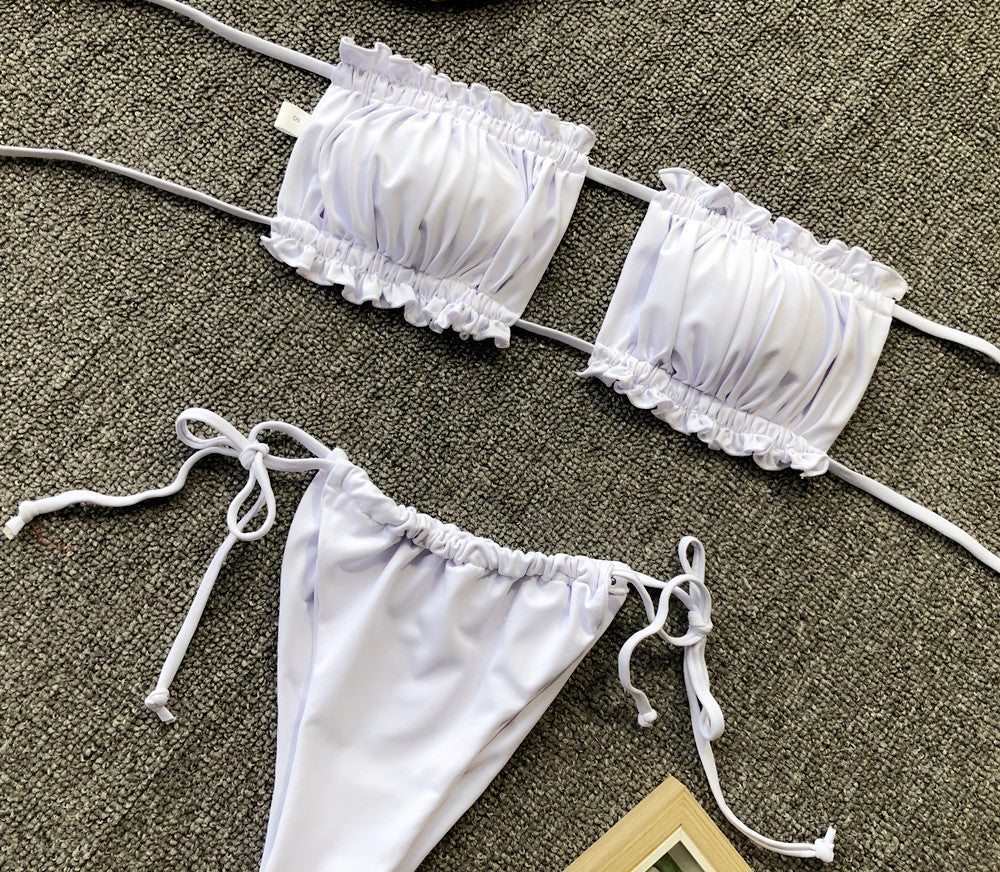 Women 2 Piece Strapless Bikini Swimsuits Ruffle Ribbed Self Tie Bandeau Bikini Set High Cut String Bathing Suits