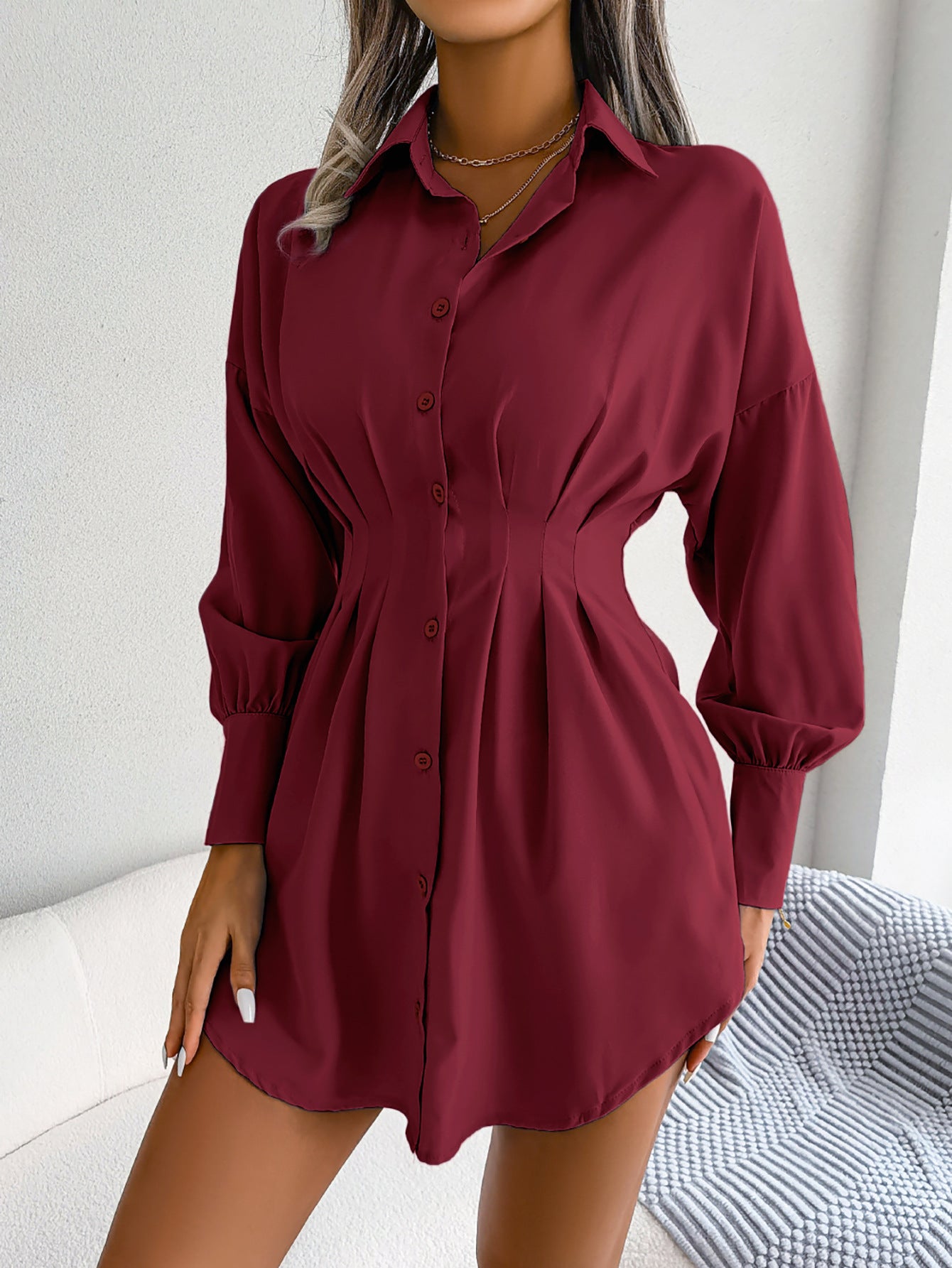 Women's Button Down Shirt Dress, Long Sleeve, Pleated Waist, Multiple Color Options Available - Seldom Seen Styles