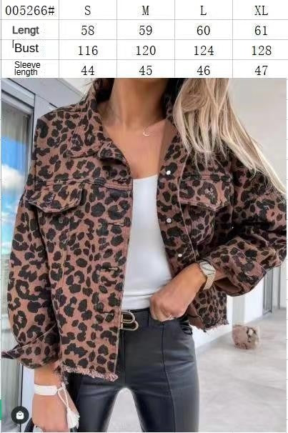 Women's Leopard Print Denim Jacket Long Sleeve Animal Printed Raw Hem Button Down Cropped Jean Coat Outerwear - Seldom Seen Styles
