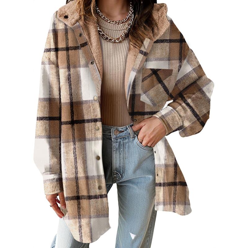 Women's Flannel Hooded Plaid 2025 Shacket Thick Coat Winter Coat for Warmth Button down Warm and Fuzzy Fleece Jacket - Seldom Seen Styles