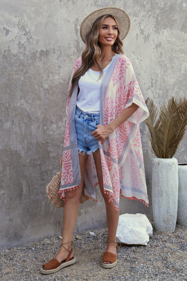 Seaside Resort Cardigan Printed Pompom Kimono - Seldom Seen Styles
