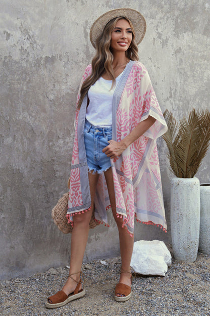 Seaside Resort Cardigan Printed Pompom Kimono - Seldom Seen Styles