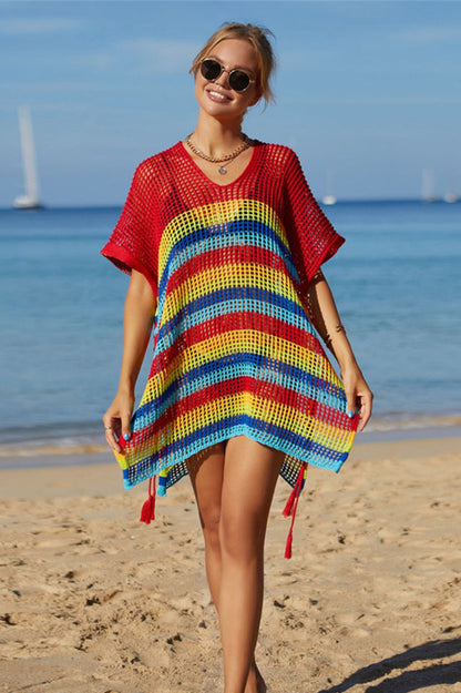 Rainbow Stripe Openwork Slit Cover Up - Seldom Seen Styles