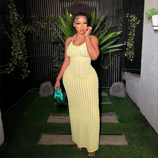 Women's Solid Backless Frill Trim Cami Dress, Fashion Casual Tie Back Sleeveless Bodycon Maxi Spaghetti Strap Dress for Party Club Dating Wear, Ladies Summer Clothes, Dresses for Women, Summer Dresses, Womenswear, Vacation Dresses, Cocktail Party Dresses - Seldom Seen Styles