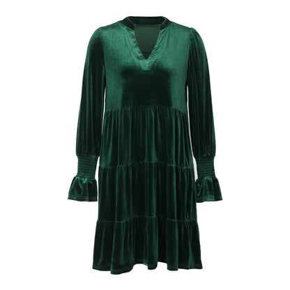2024 Women’s Elegant Velvet Long Sleeve Dress Casual Fall V Neck A Line Babydoll Flowy Formal Wedding Party Mini Dress