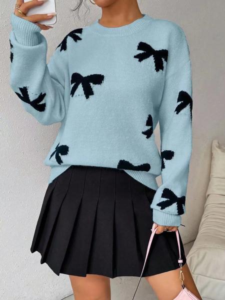 Fashion Bow Print Casual Loose Knitted Sweater Pullover Autumn/Winter Women Pullovers New Full Sleeve Knitwear - Seldom Seen Styles
