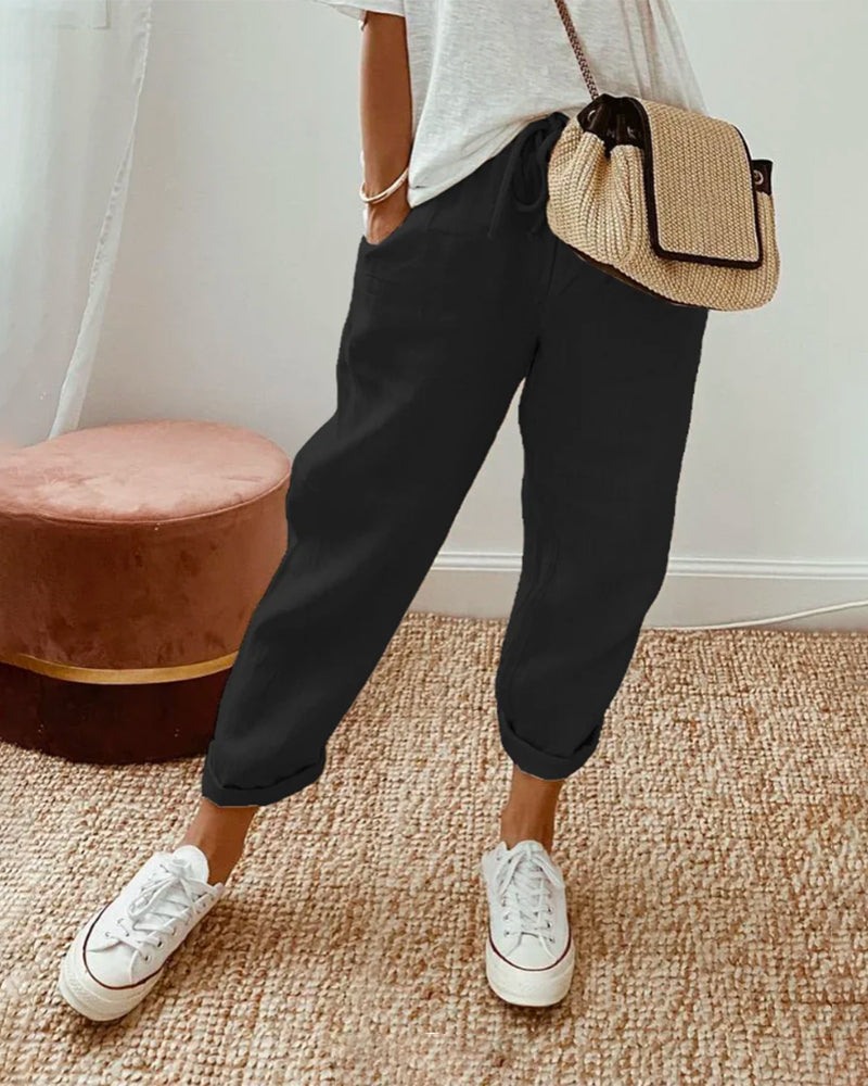 Womens Tapered Pants Cotton Linen Drawstring Back Elastic Waist Pants Casual Trousers with Pockets - Seldom Seen Styles