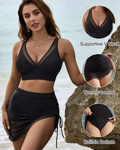 Mesh High Waisted Tummy Control Sarong Wraps Bikini Set
