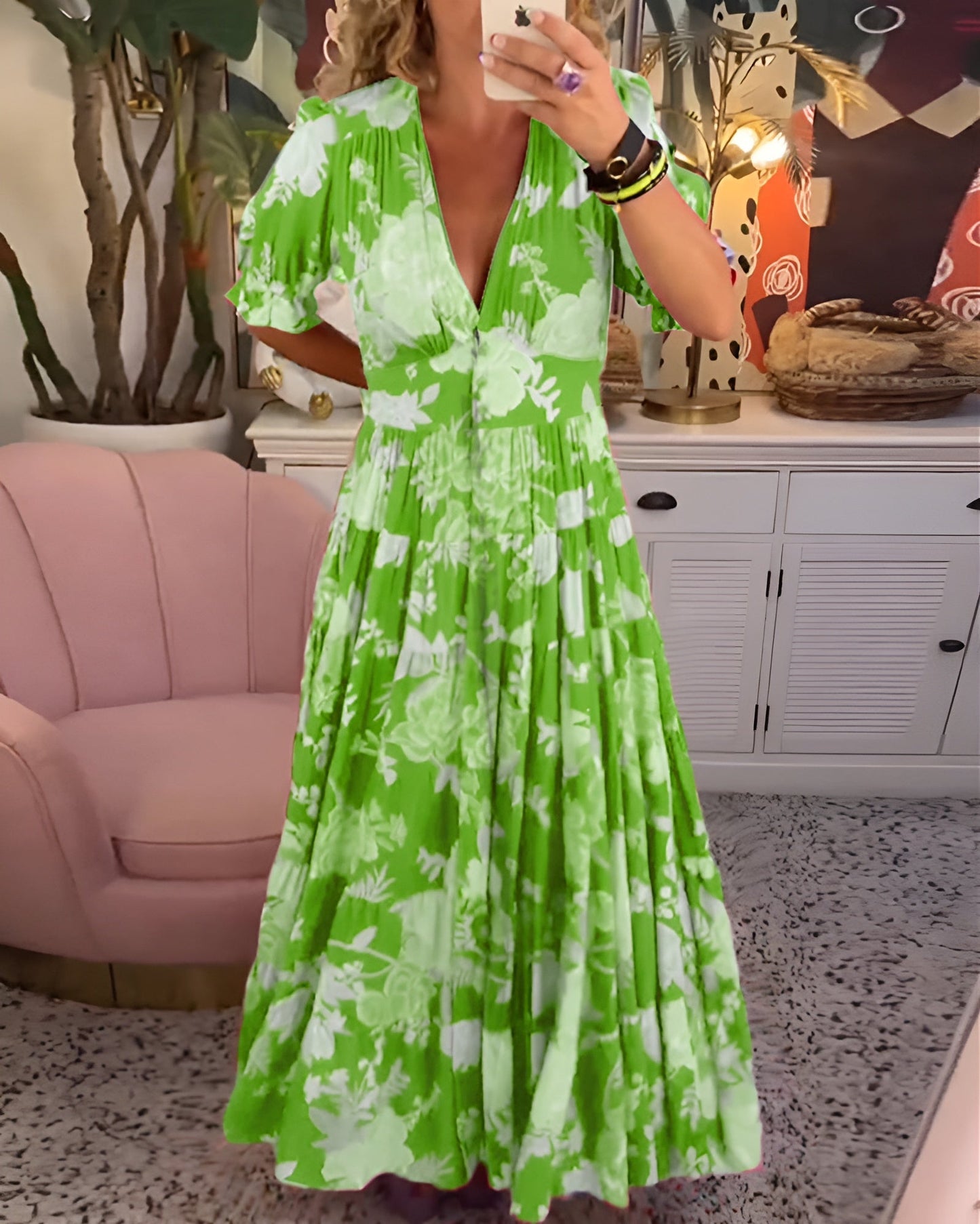 Womens Boho Floral Printed Wrap V Neck Button Maxi Dress Summer Flowy Puff Short Sleeve Slit Hem Beach Long Dress - Seldom Seen Styles