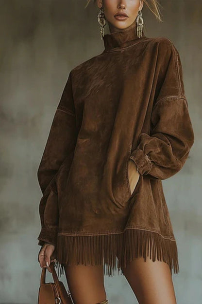 Viretta – Suede fringe detail – Turtleneck mini dress