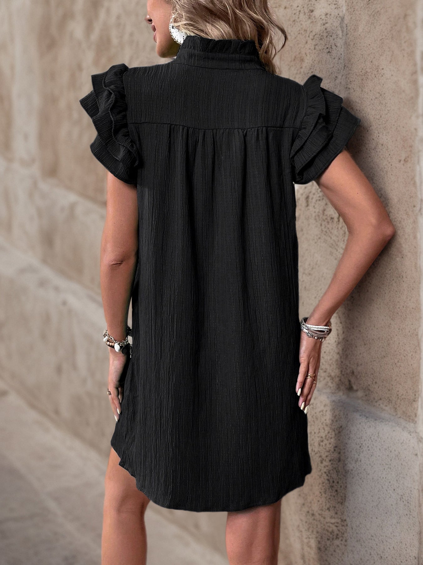 Women's Cap Sleeve Ruffle Trim Mini Dress Ruched Notched Neck Casual Basic Straight Dresses