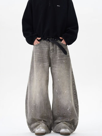 Grunge Paint-Splatter Wide-Leg Denim Pants mry001630
