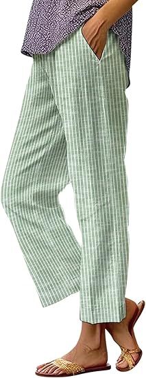 Women's Linen Pants, Side Stripe, Elastic Waist, Straight Leg, Summer Beach Vacation - Seldom Seen Styles