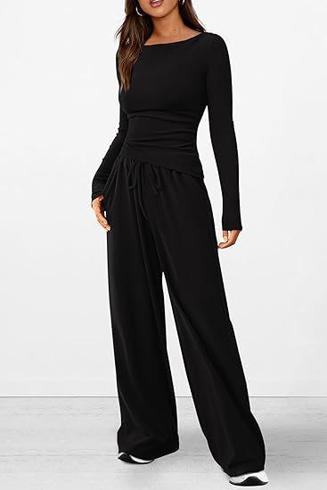 Women's 2-Piece Lounge Sets Asymmetrical Long Sleeve T Shirt Wide Leg Pants Casual Outfit Womenswear Tracksuit  Basic Minimalist Clothing - Seldom Seen Styles