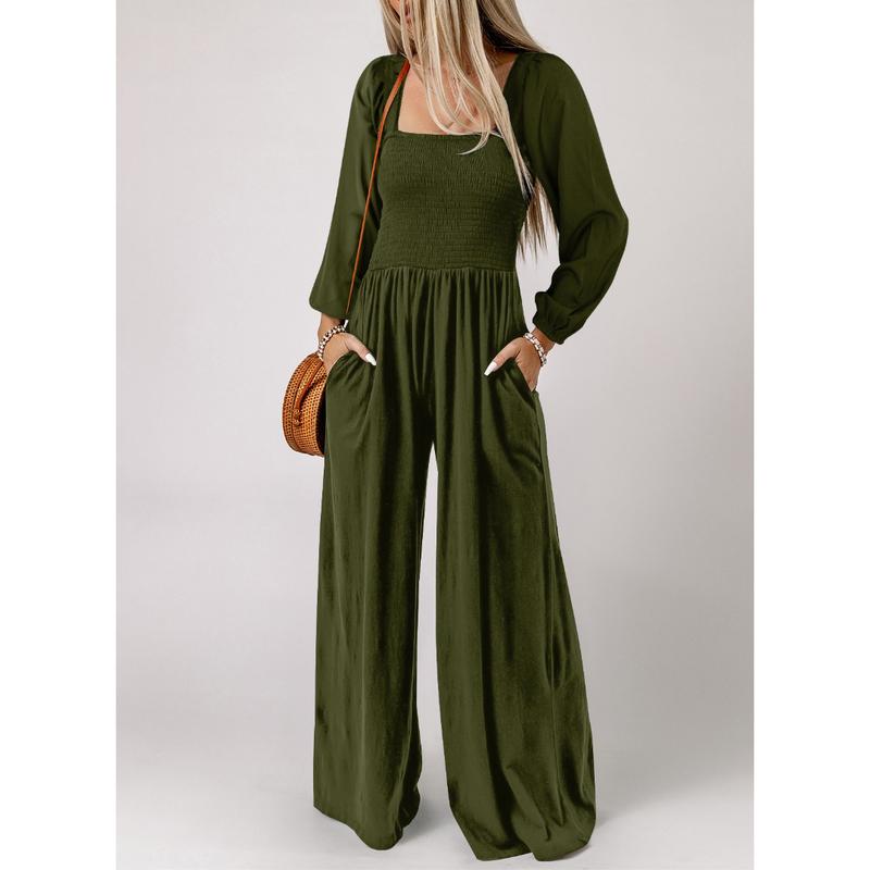 Women's Casual Loose Overalls Jumpsuits One Piece Long Sleeve Wide Leg Long Pant Rompers With Pockets - Seldom Seen Styles