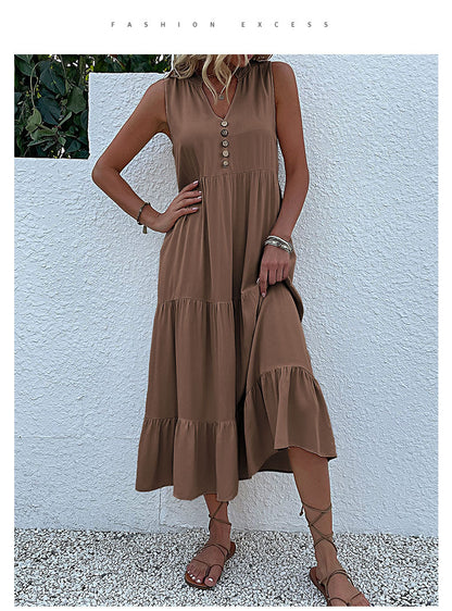 Summer Flowy Maxi Dress with Pockets Sleeveless Loose Casual Sundress V-Neck Tiered Sun Dress for Beach Cruise Vacations