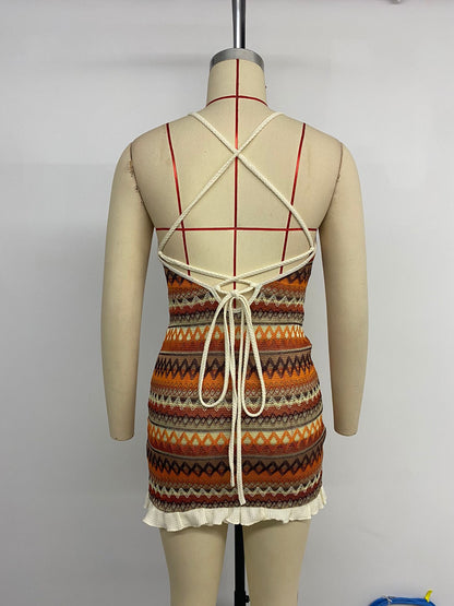 Women's Spaghetti Strap Mini Dress Side Drawstring Ruched Ethnic Pattern Knit Dresses Sexy Backless Slim Fit Dress