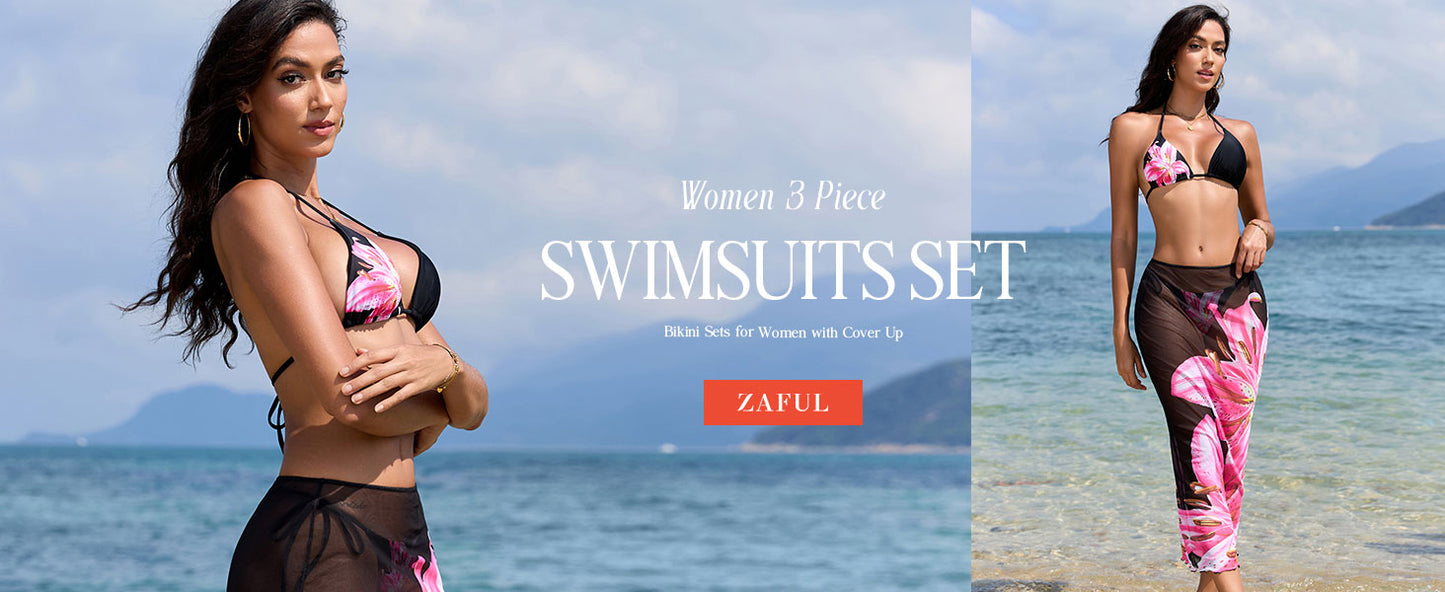 Womens 3pcs Swimsuit Floral Halter Triangle Bikini Top Tie Side Bottom with Long Sheer Cover Up Skirt