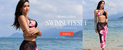 Womens 3pcs Swimsuit Floral Halter Triangle Bikini Top Tie Side Bottom with Long Sheer Cover Up Skirt