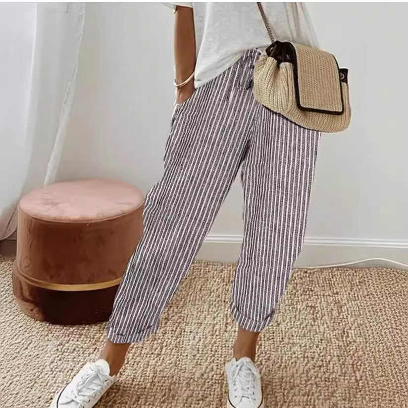 Women's Casual Vertical Striped High Elastic Waist Wide Leg Capri Palazzo Pants with Pockets - Seldom Seen Styles