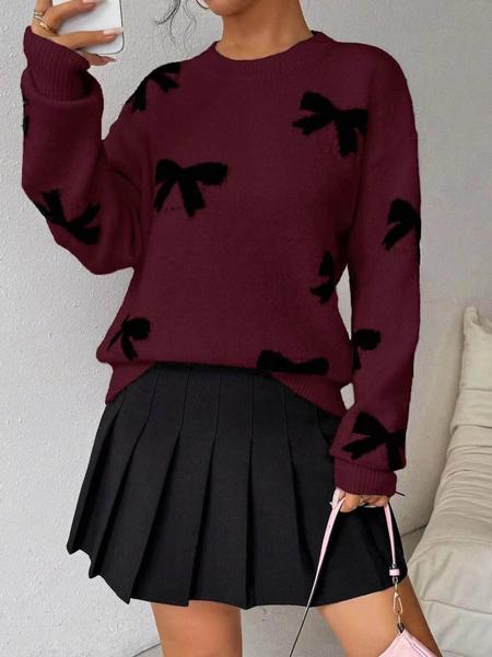 Fashion Bow Print Casual Loose Knitted Sweater Pullover Autumn/Winter Women Pullovers New Full Sleeve Knitwear - Seldom Seen Styles