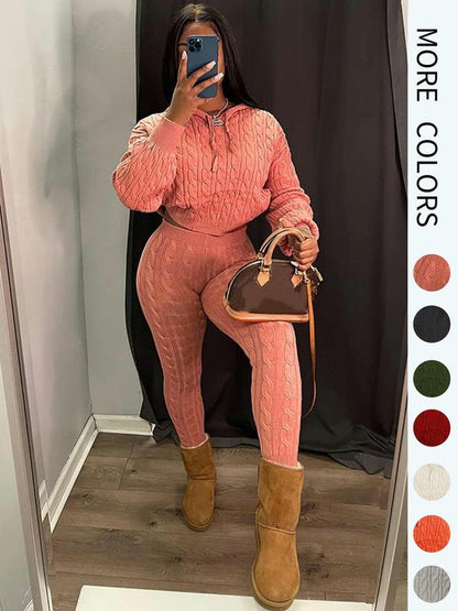 Women's Minimalist Textured Long Sleeve Crop Hooded Sweater & High Waist Skinny Pants Set, Casual Cozy Lady Knitwear Outfits Suits, Basic Womenswear - Seldom Seen Styles