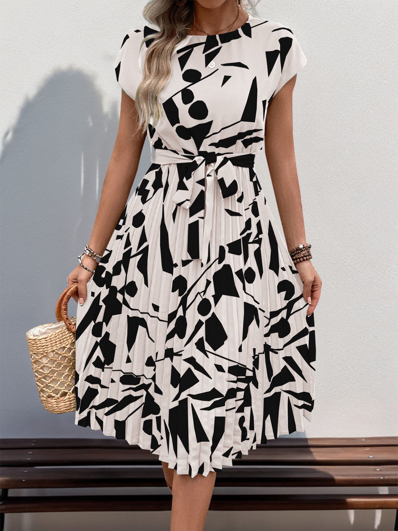 Floral Dress for Women Wedding Guest Crewneck Short Sleeve Casual Summer Dress Tie Waist Midi Flowy Boho Beach Dresses